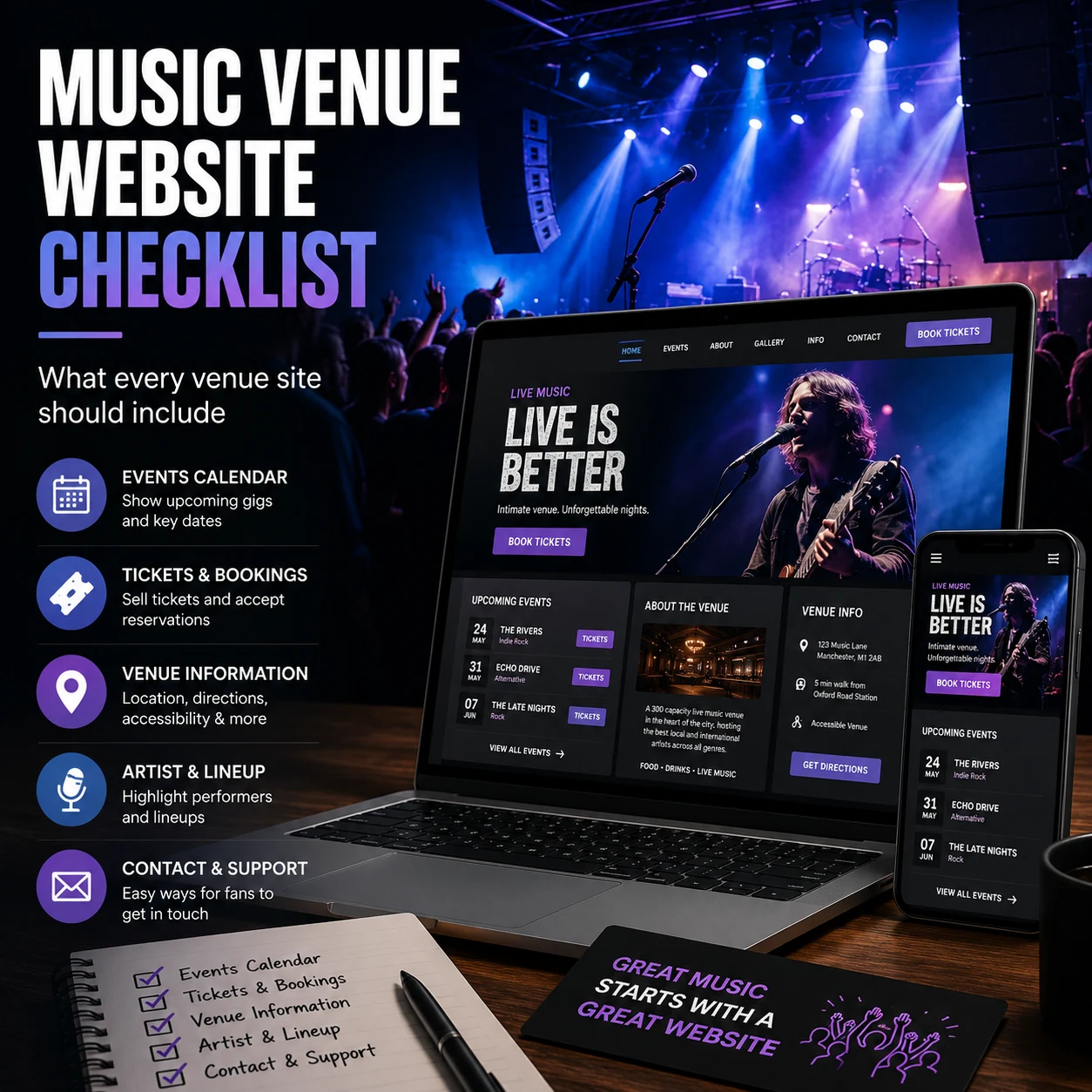 Music venue website checklist showing events, tickets, venue information, performers and mobile-friendly design