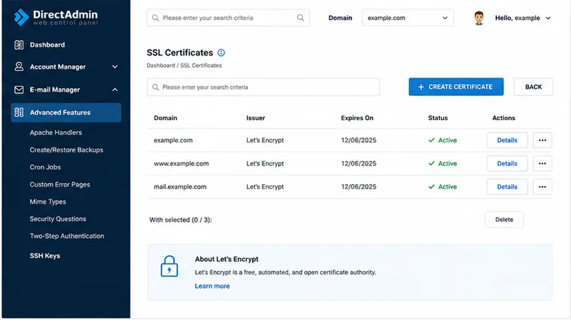DirectAdmin SSL Certificates